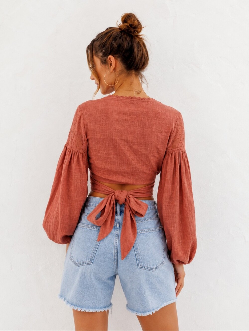 Free People Dolly Wrap Top Terra Cotta Lace Boho Balloon Sleeve Crop Blouse L - Picture 3 of 16